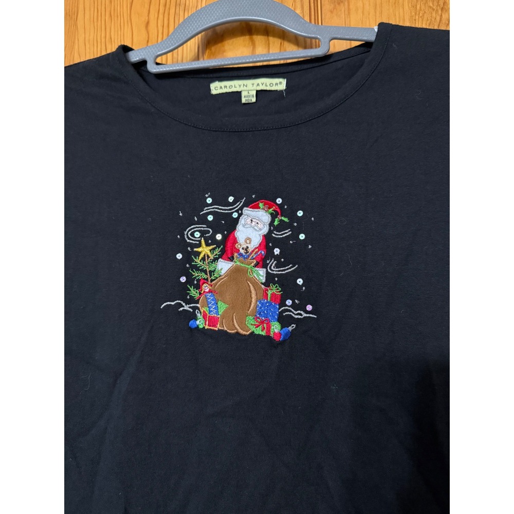 Carolyn Taylor Womens Long Sleeve Black Santa Holiday Embroidered T Shirt Top L - Picture 2 of 6